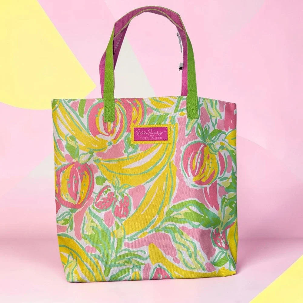 Lilly Pulitzer Estee Lauder Canvas Tote Bag Tropical Pink Yellow Green Floral